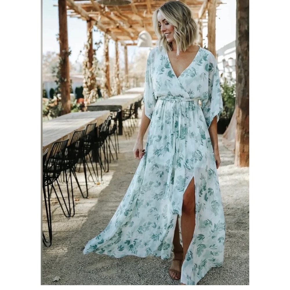 Baltic Born Esmeralda Sage Floral Maxi Dress Kimono Sleeve V-Neck Size Small